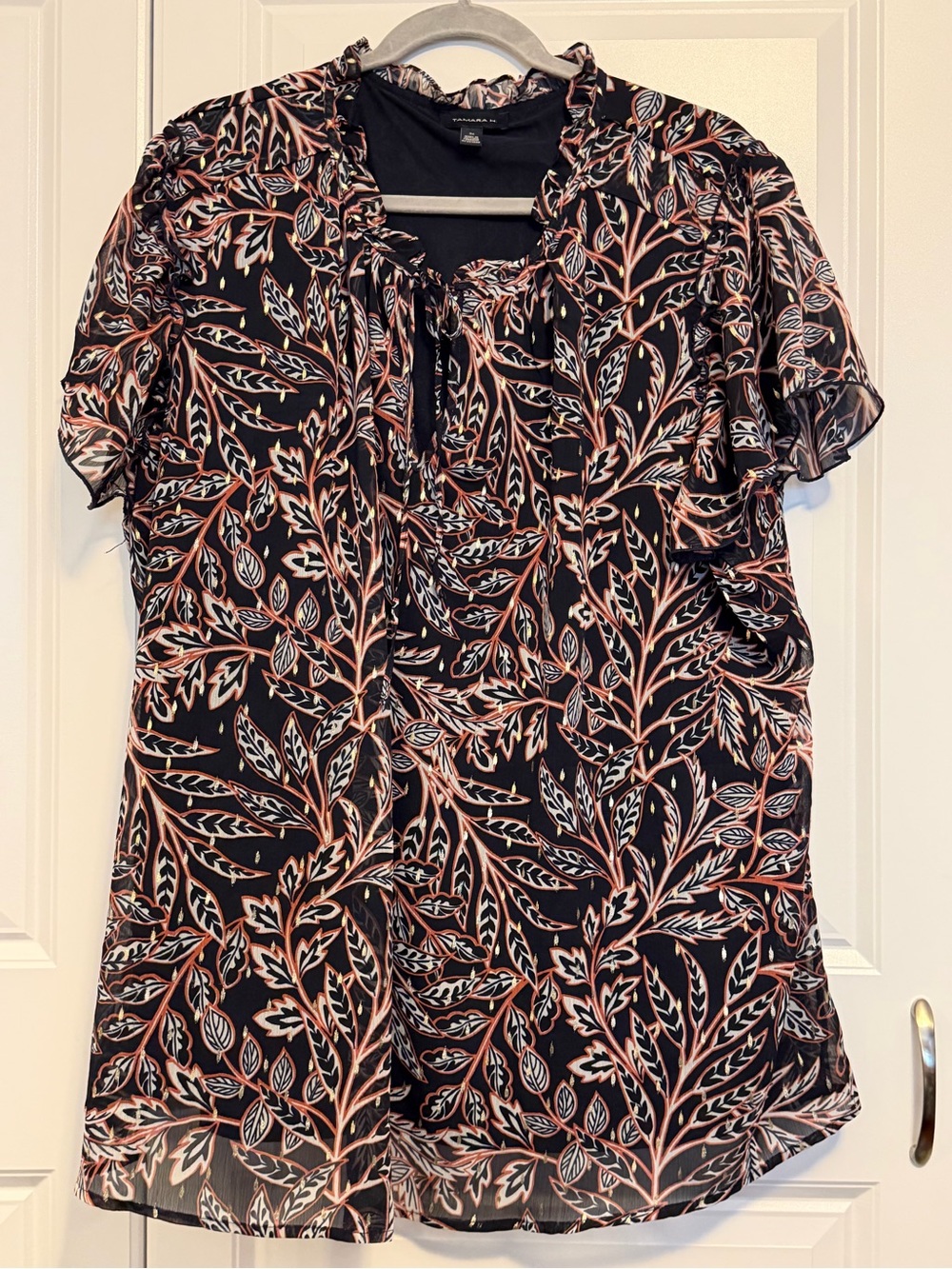 Tamara H Navy Leaf-Print Blouse with Pink and Cream Accents